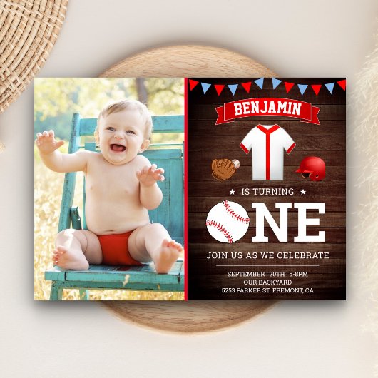 Invitation Rustic Wood Baseball Première fête d'anniversaire 