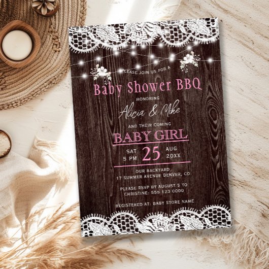 Invitation Rustic wood BBQ girl baby shower