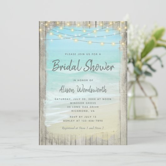 Invitation Rustic Wood Beach String Fête des mariées (Debout devant)