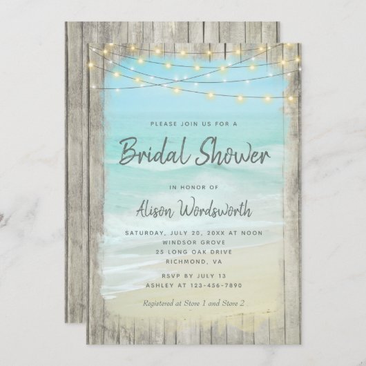 Invitation Rustic Wood Beach String Fête des mariées (Devant / Derrière)