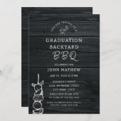 Invitation Rustic Wood Black BBQ Graduation Party (Devant / Derrière)
