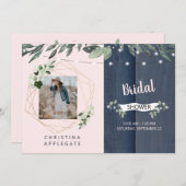 Invitation Rustic Wood Blush & Navy Fête des mariées photo (Devant / Derrière)