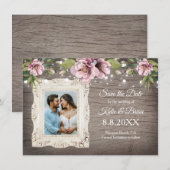 Invitation Rustic Wood Blush rose floral photo Enregistrer la (Devant / Derrière)