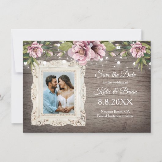 Invitation Rustic Wood Blush rose floral photo Enregistrer la (Devant)