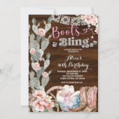 Invitation Rustic Wood Boots and Bling Birthday (Devant)
