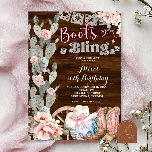 Invitation Rustic Wood Boots and Bling Birthday