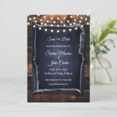 Invitation Rustic Wood Calligraphy Photo Mariage Date de sauv (Debout devant)