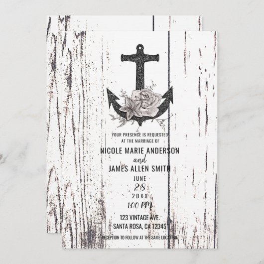 Invitation Rustic Wood Coastal Beach Ancre Mariage (Devant / Derrière)