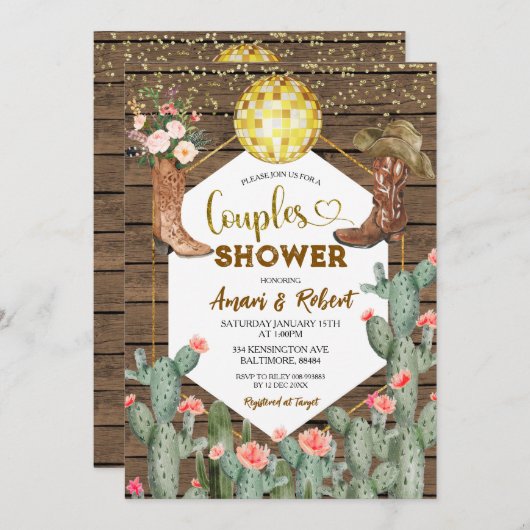 Invitation Rustic Wood Country Boots Cactus Couples Shower (Devant / Derrière)