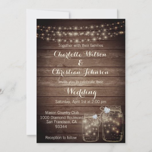 Invitation Rustic Wood Country Mason Jar Lights Mariage PHOTO (Devant)