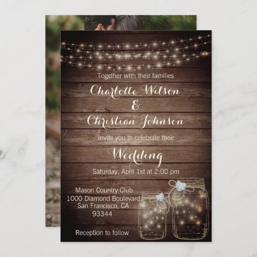 Invitation Rustic Wood Country Mason Jar Lights Mariage PHOTO (Devant / Derrière)
