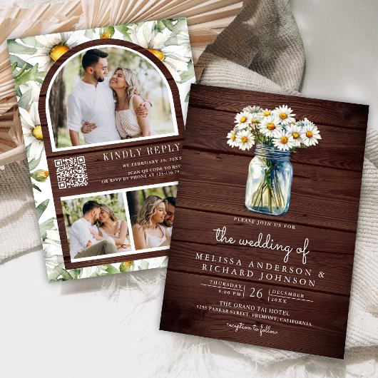 Invitation Rustic Wood Daisies Mason Jar QR Code Wedding