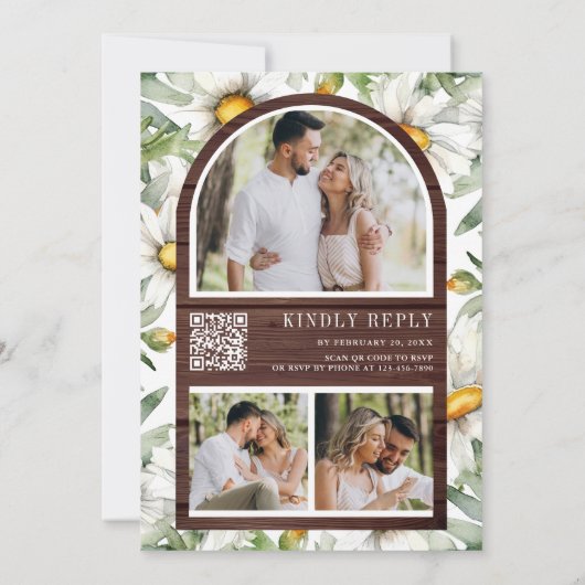 Invitation Rustic Wood Daisies Mason Jar QR Code Wedding (Dos)