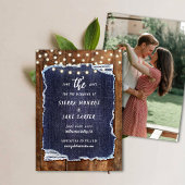 Invitation Rustic Wood Denim Écrire Mariage photo Enregistrer