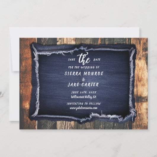 Invitation Rustic Wood Denim Mariage photo Décontracté Date d (Devant)