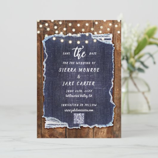 Invitation Rustic Wood Denim QR Code Photo Mariage Date de sa (Debout devant)