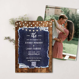 Invitation Rustic Wood Denim QR Code Photo Mariage Date de sa
