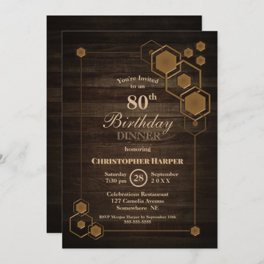 Invitation Rustic Wood Diner 80e anniversaire (Devant / Derrière)