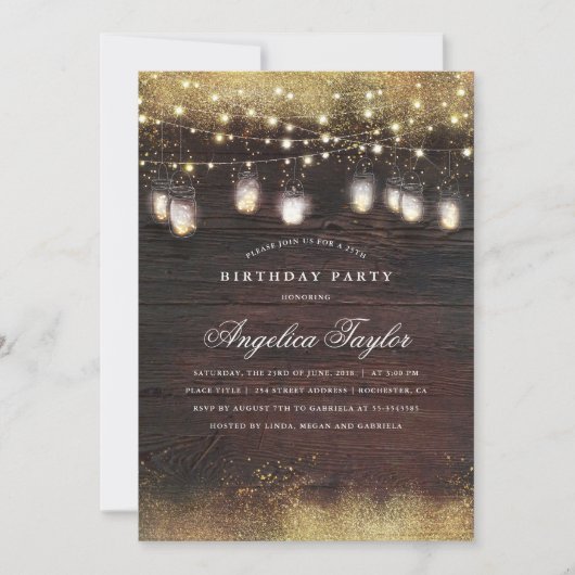 Invitation Rustic Wood et Mason Jar illuminent fête d'anniver (Devant)