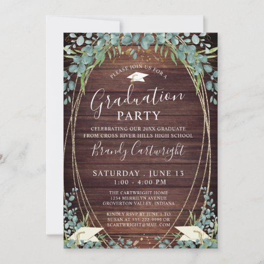 Invitation Rustic Wood Eucalyptus Graduation Party (Devant)