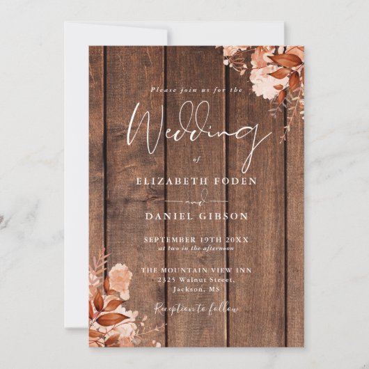 Invitation Rustic Wood Fall Floral QR Code Wedding (Devant)