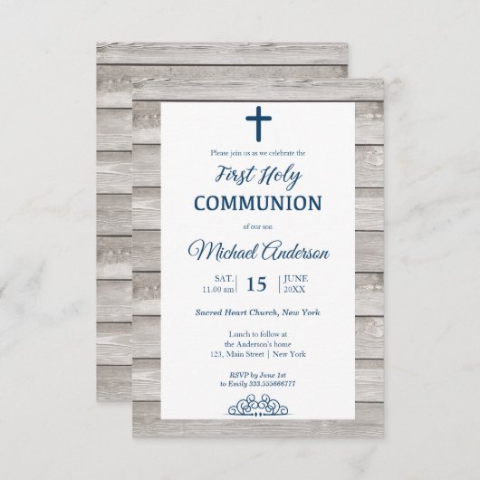 Invitation Rustic Wood First Communion Événement religieux (Devant / Derrière)