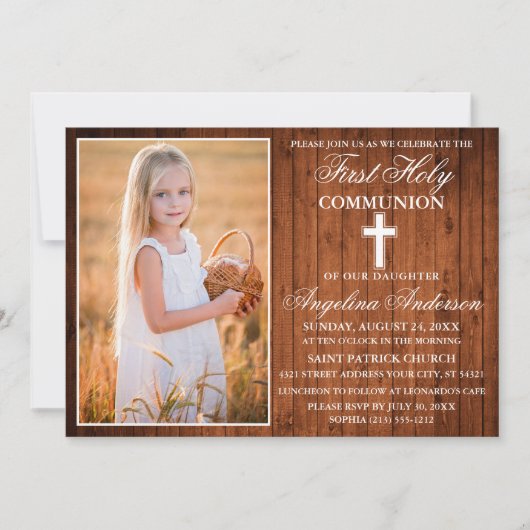 Invitation Rustic Wood First Holy Communion Photo (Devant)