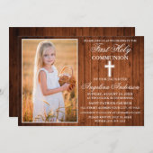 Invitation Rustic Wood First Holy Communion Photo (Devant / Derrière)
