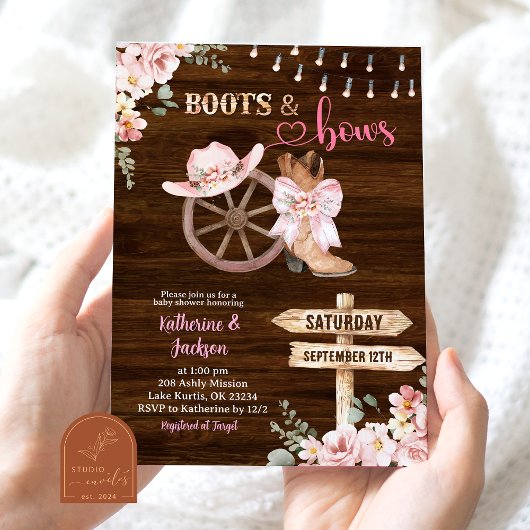 Invitation Rustic Wood Floral Boots and Bows Baby Shower