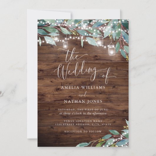 Invitation Rustic Wood Garden String lumières Mariage (Devant)