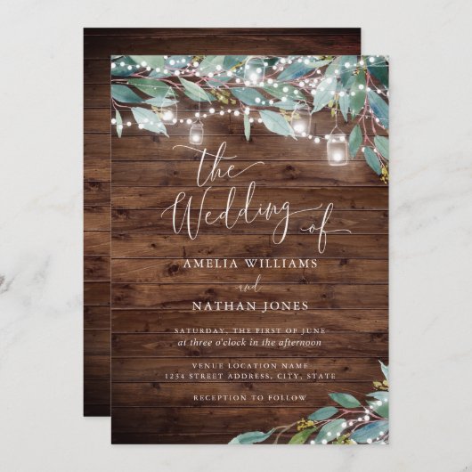 Invitation Rustic Wood Garden String lumières Mariage (Devant / Derrière)