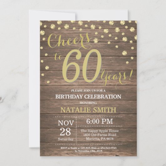 Invitation Rustic Wood Gold 60e Anniversaire Diamond (Devant)