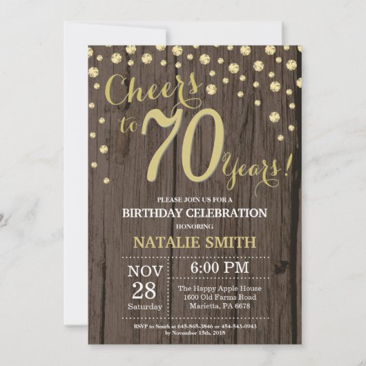 Invitation Rustic Wood Gold 70e Anniversaire Diamond (Devant)