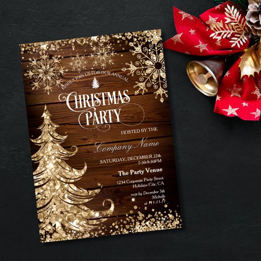 Invitation Rustic Wood Gold Glitter Corporate Christmas Party