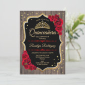Invitation Rustic Wood Gold Red Photo Quinceanera (Debout devant)