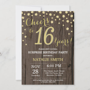 Invitation Rustic Wood Gold Surprise 16e Anniversaire Diamond