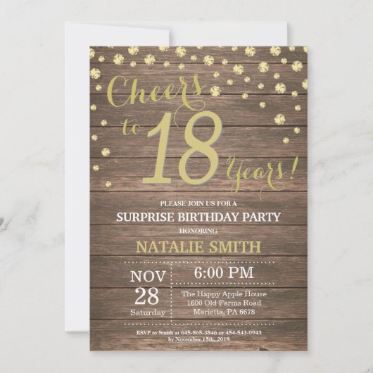 Invitation Rustic Wood Gold Surprise 18e Anniversaire Diamond (Devant)