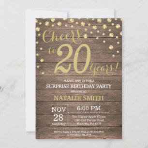 Invitation Rustic Wood Gold Surprise 20e Anniversaire Diamond