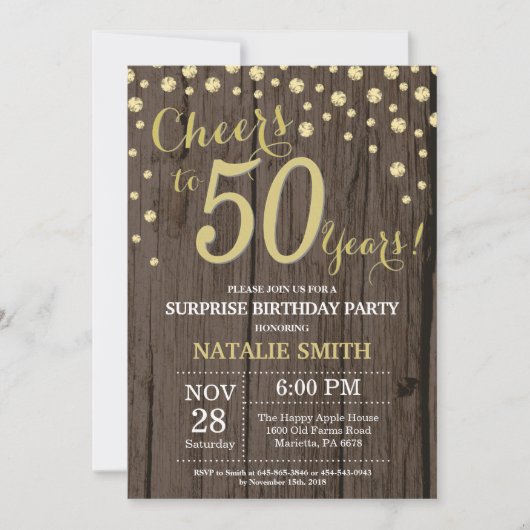 Invitation Rustic Wood Gold Surprise 50e Anniversaire Diamond (Devant)