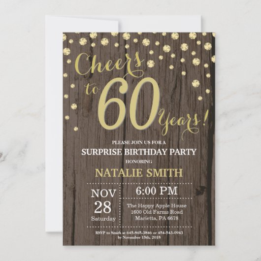 Invitation Rustic Wood Gold Surprise 60e Anniversaire Diamond (Devant)