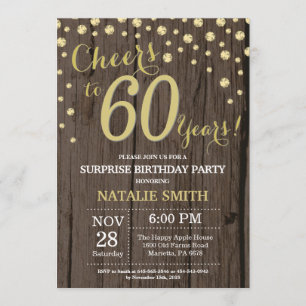 Invitation Rustic Wood Gold Surprise 60e Anniversaire Diamond