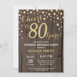 Invitation Rustic Wood Gold Surprise 80e Anniversaire Diamond