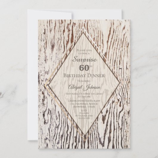 Invitation Rustic Wood Grain Surprise 60e anniversaire Dîner (Devant)