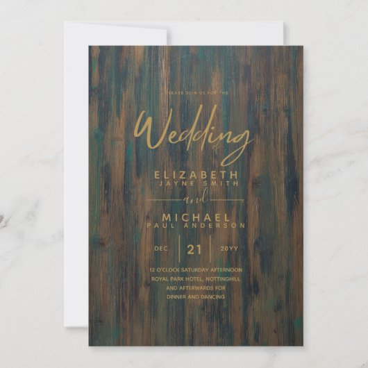 Invitation Rustic Wood Green Gold Wedding Invite (Devant)