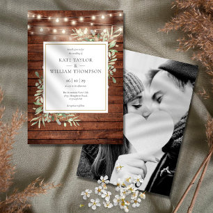 Invitation Rustic Wood Greenery String Lights Wedding Photo