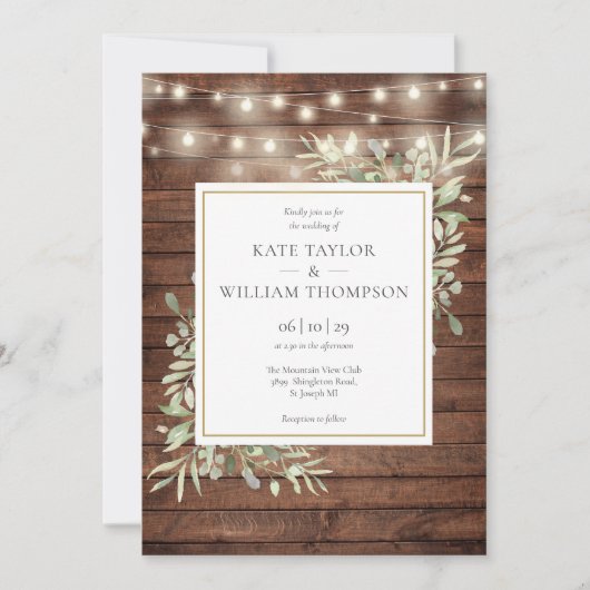Invitation Rustic Wood Greenery String Lights Wedding Photo (Devant)