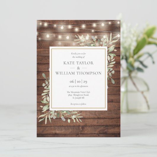 Invitation Rustic Wood Greenery String Lights Wedding Photo (Debout devant)