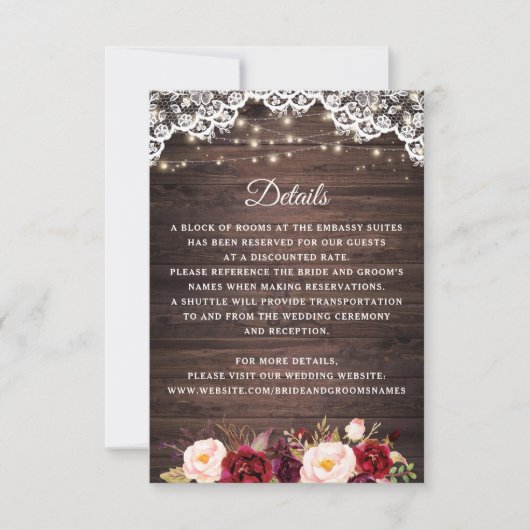 Invitation Rustic Wood Lace Bourgogne Blush Détails du Mariag (Devant)