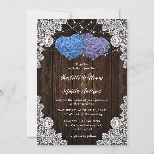Invitation Rustic Wood Lace Purple and Blue Floral Wedding (Devant)
