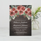 Invitation Rustic Wood Marsala Floral Photo QR Code Mariage (Debout devant)